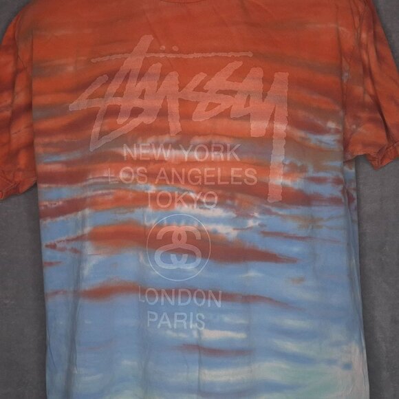 Stussy Graphic T-Shirt L Orange Blue Urban Style Short Sleeve Crew Neck - Picture 1 of 6
